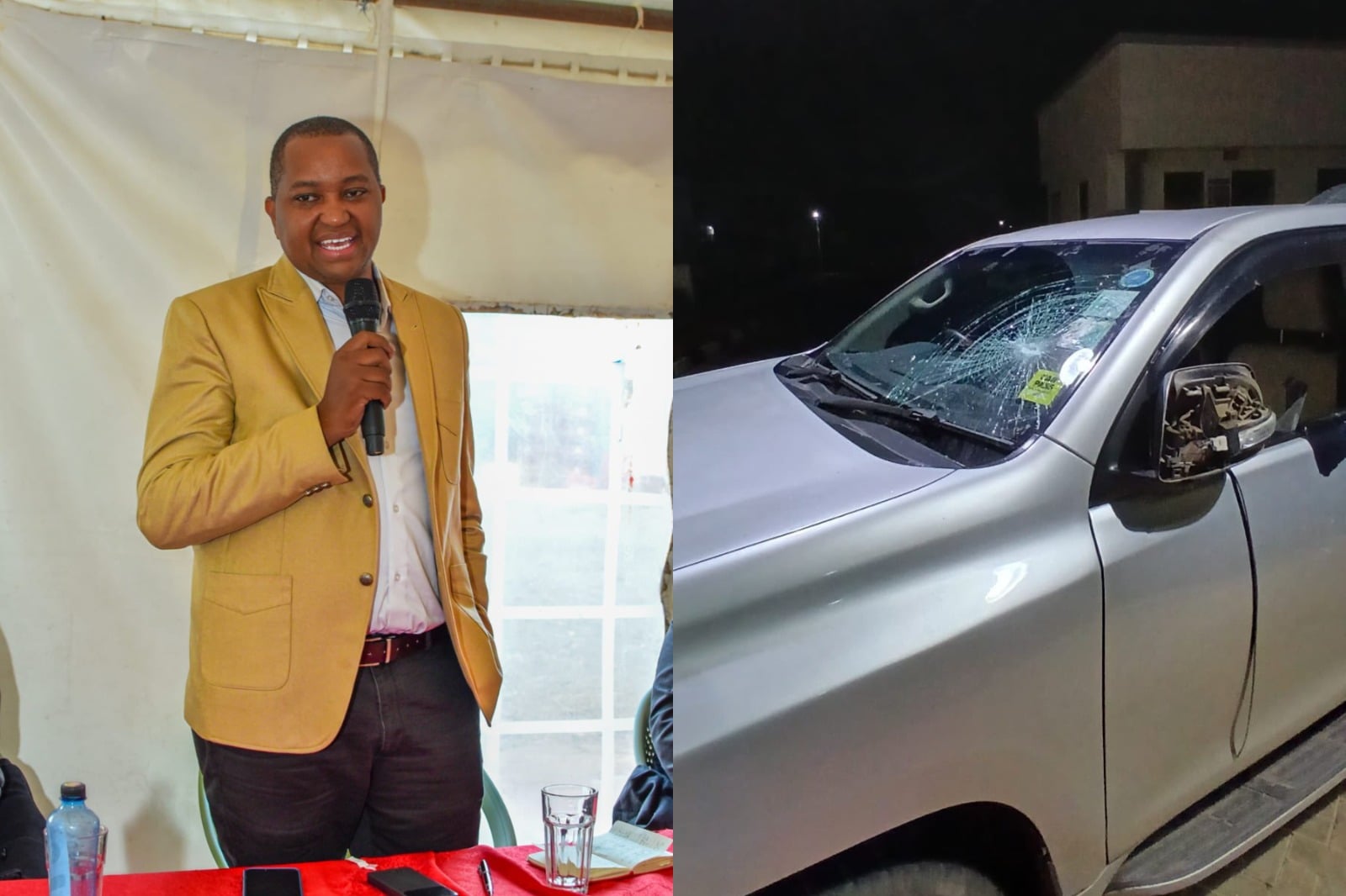 Collage photo of Irungu Nyakera and a damaged vehicle.